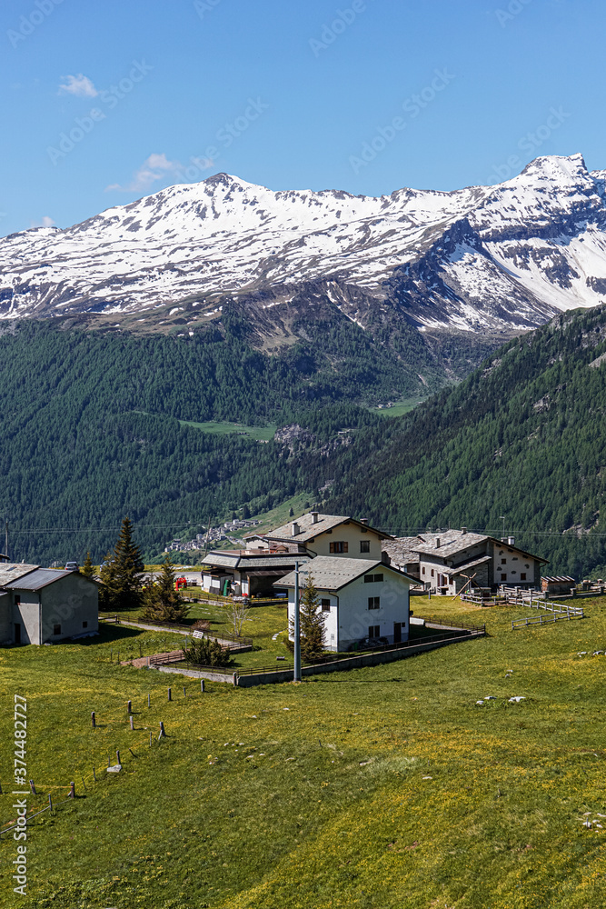 The pastures, the mountains and the nature while hiking above the village of Madesimo, Italy - June 2020.
