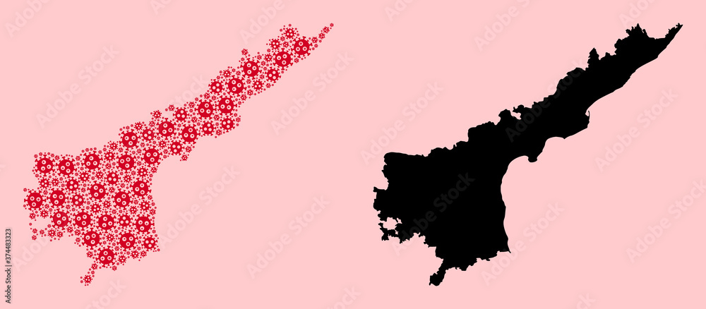 Vector Mosaic Map of Andhra Pradesh State of SARS Virus Parts and Solid Map