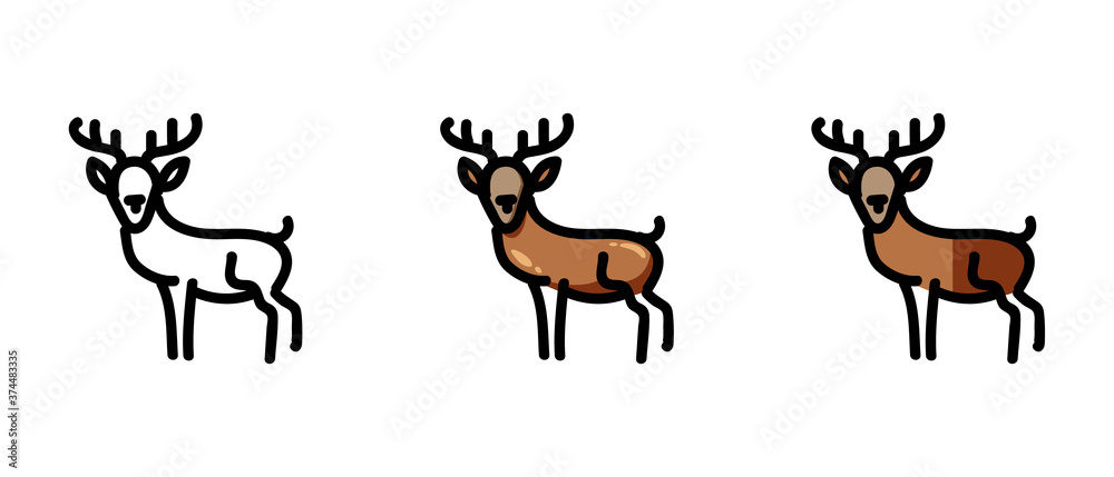 This is a set of icons with a different style of deer. Deer outline and colored symbols. Freehand drawing. Stylish solution for a website.