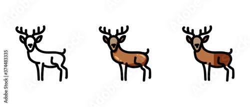 This is a set of icons with a different style of deer. Deer outline and colored symbols. Freehand drawing. Stylish solution for a website.