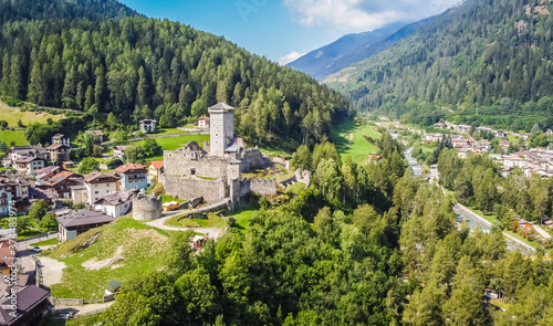 St. Michael castle in Ossana stands on a rocky outcrop. Ossana castle in the village of Ossana in Val di Sole  Trentino Alto Adige  Italy. Panoramic view