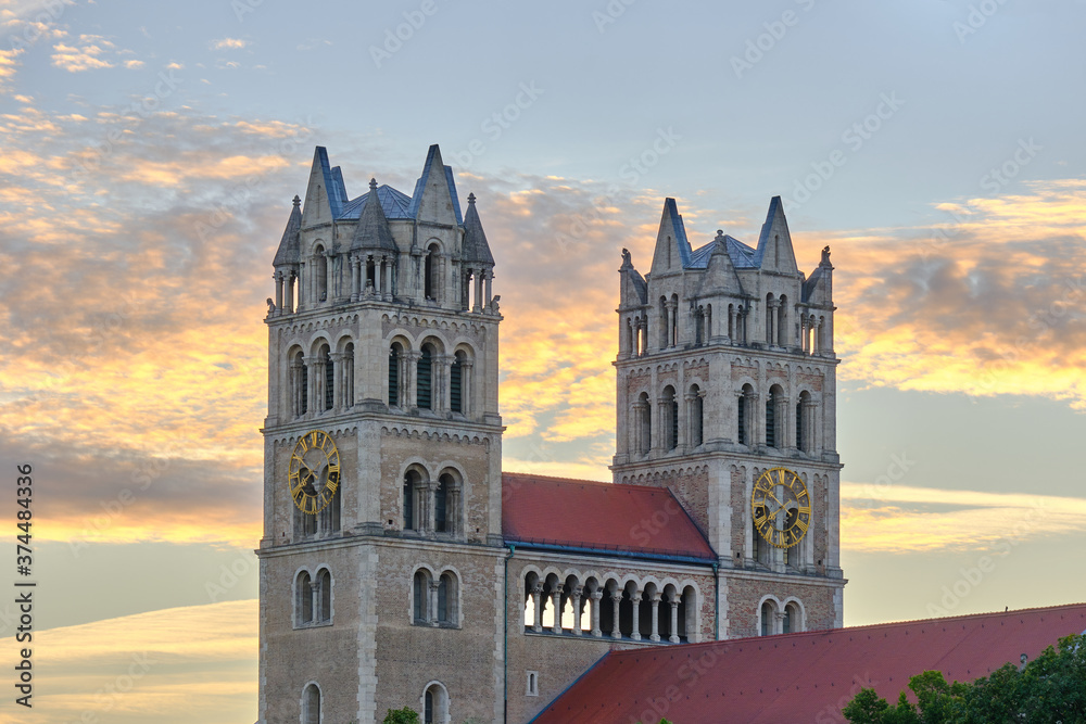 Fototapeta premium St. Maximilian church at sunset in Munich, Germany. Closeup