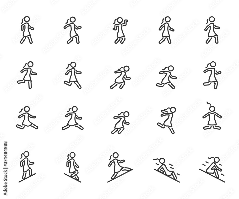 Vector set of movement woman line icons. Contains icons walking, running, jumping, climbing, descending, gait and more. Pixel perfect.