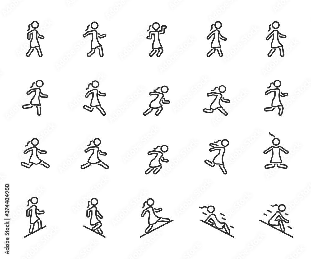 Vector set of movement woman line icons. Contains icons walking, running, jumping, climbing, descending, gait and more. Pixel perfect. Vector set of movement woman line icons. Contains icons walking, running, jumping, climbing, descending, gait and more. Pixel perfect.