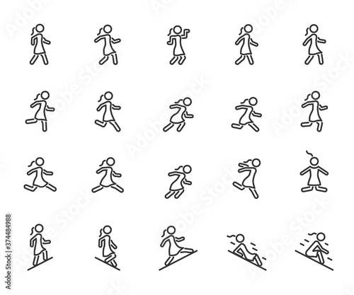 Vector set of movement woman line icons. Contains icons walking, running, jumping, climbing, descending, gait and more. Pixel perfect.
