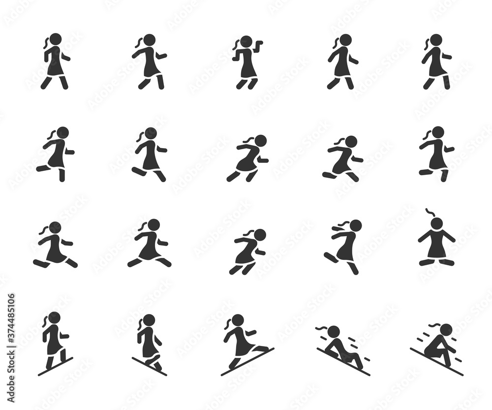 Vector set of movement woman flat icons. Contains icons walking, running, jumping, climbing, descending, gait and more. Pixel perfect.