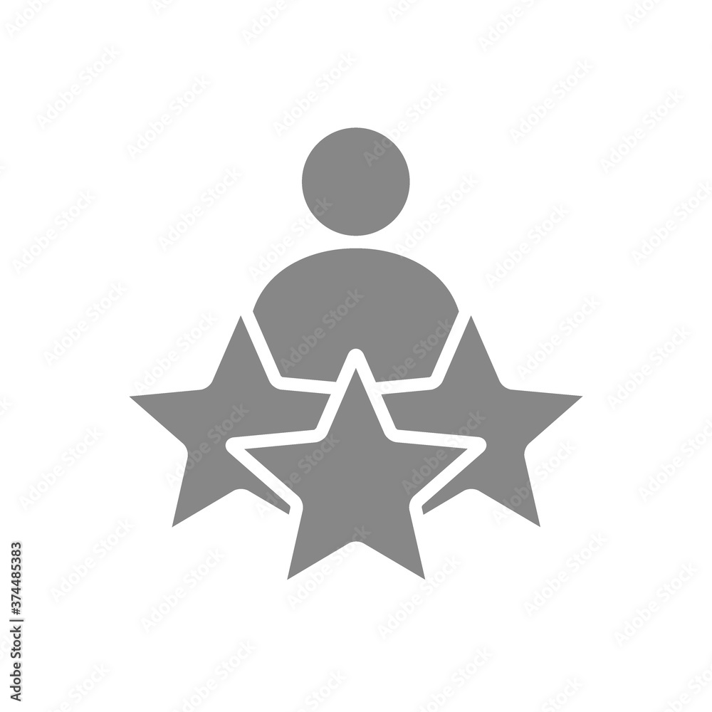 Man and three stars, rating gray icon. User reviews, feedback, add to favorites, quality control symbol Man and three stars, rating gray icon. User reviews, feedback, add to favorites, quality control symbol