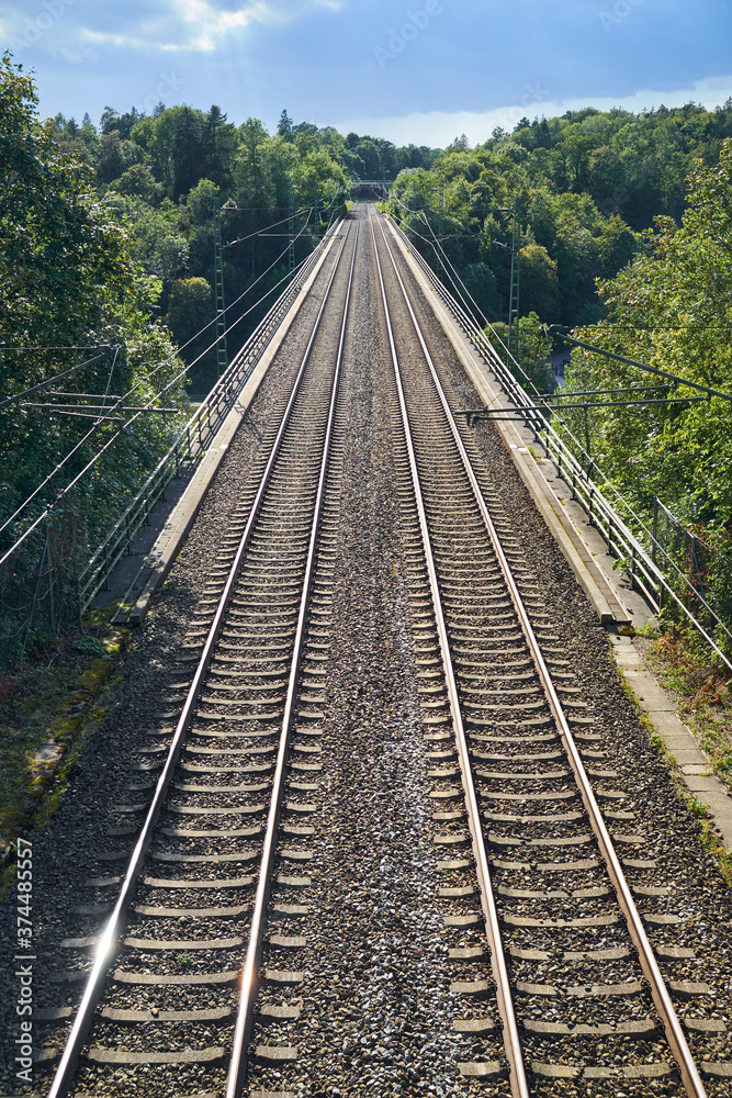 Fototapeta premium Railway tracks are photographed from above. Railway tracks are surrounded by green trees