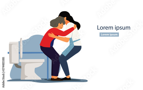 caregiver help old woman using toilet cartoon character design