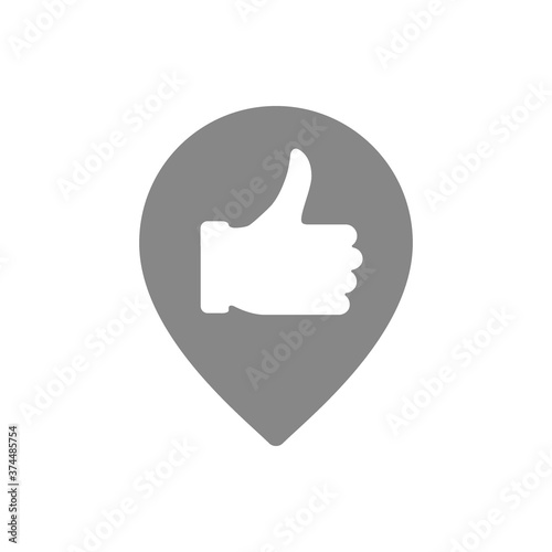 Thumb up with location mark, favorite place gray icon. Quality control, customer review symbol