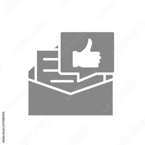 Recommendation letter gray icon. Letter with thumb up in speech bubble, praise, like symbol