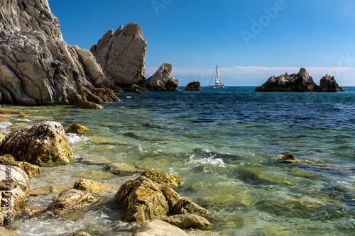 Shoreline of Spiaggia delle Due Sorelle. The beach is the most popular sea destination in Sirolo and in all the Riviera del Conero in Italy, Marche region