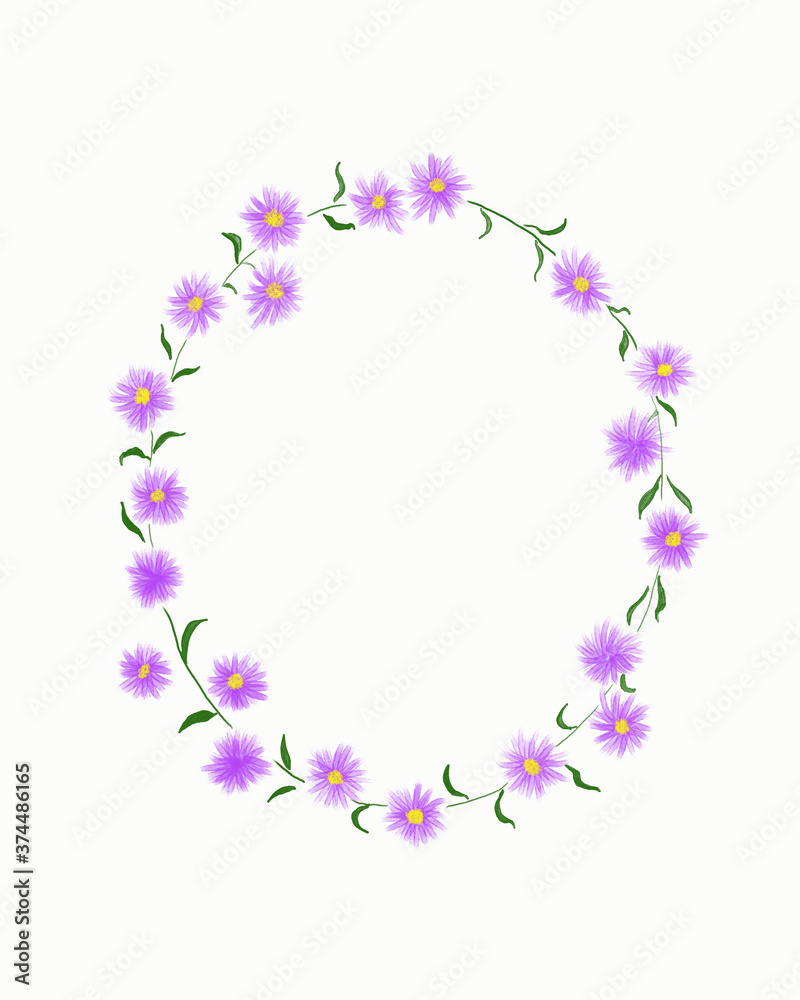 Digital hand drawn of purple flowers wreath
