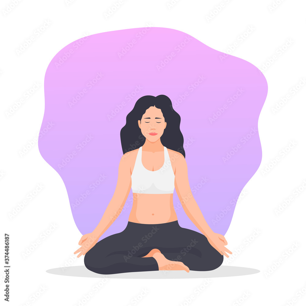 Young woman or girl doing yoga. Meditating at home. Quarantine activity. Mental health exercise. Female yogi icon. Meditation concept. Peaceful and calm vibe - Flat vector character illustration.