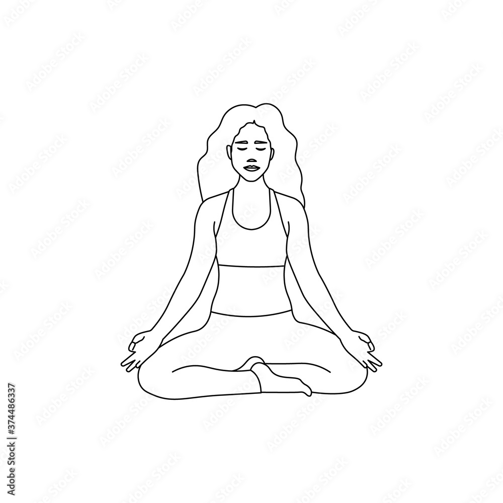 Young woman or girl doing yoga line art. Meditating at home symbol. Quarantine activity. Mental health exercise. Female yogi icon. Meditation concept. Peaceful and calm vibe - Vector - illustration. Young woman or girl doing yoga line art. Meditating at home symbol. Quarantine activity. Mental health exercise. Female yogi icon. Meditation concept. Peaceful and calm vibe - Vector - illustration.