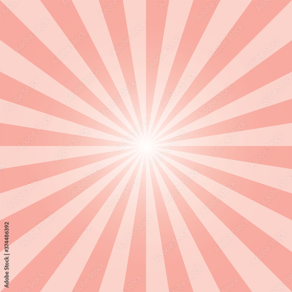 Pink sunburst recto backdrop. Rectangular background. Salmon pink sunbeam background design for various purposes.
