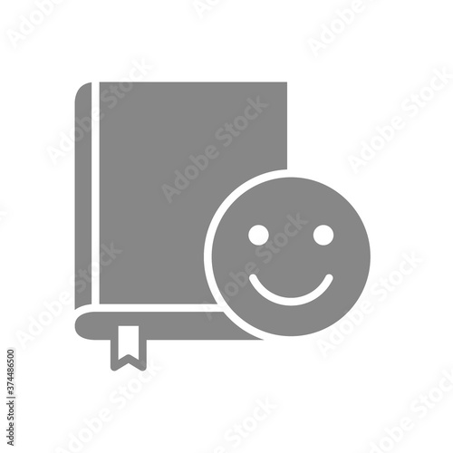 Book with happy smiley face grey icon. Good literature, best choise, positive feedback sign