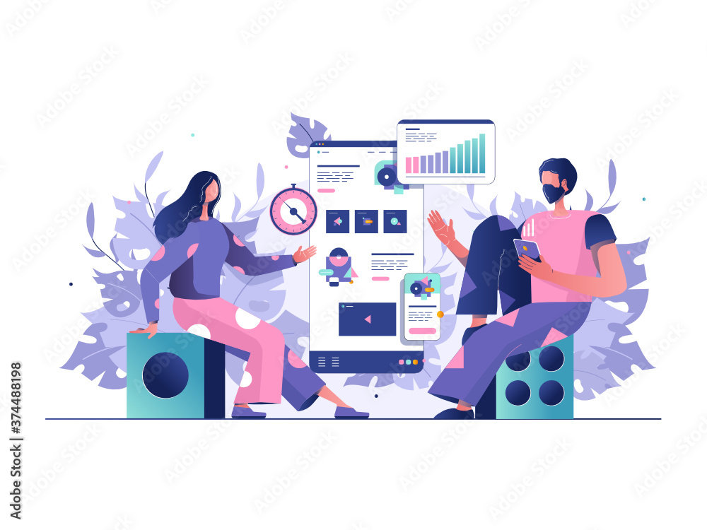 A girl and a guy are sitting on chairs and looking at statistics on the site in pink and purple colors