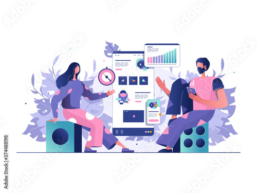 A girl and a guy are sitting on chairs and looking at statistics on the site in pink and purple colors