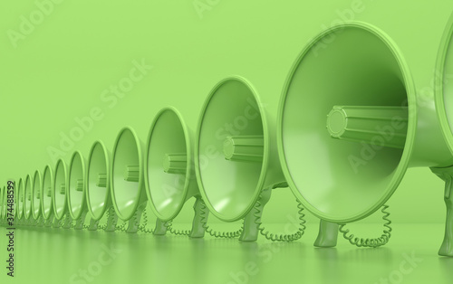 Many monochrome green megaphones stand in a row. Loudspeakers on a green background. Conceptual illustration with copy space. 3D rendering.