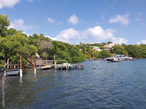 Caribbean coastline with rustic piers, colonial houses and littoral vegetation of the Caribbean Sea under blue sky with white clouds. French Antilles. Vegetation near the sea and tropical nature.