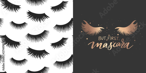 Golden Vector quote about mascara, lashes, makeup and seamless pattern. Fashion set