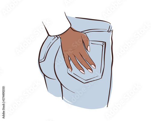 Young woman holds hands on jeans pockets with nude nail polish. Girl shows her manicure.