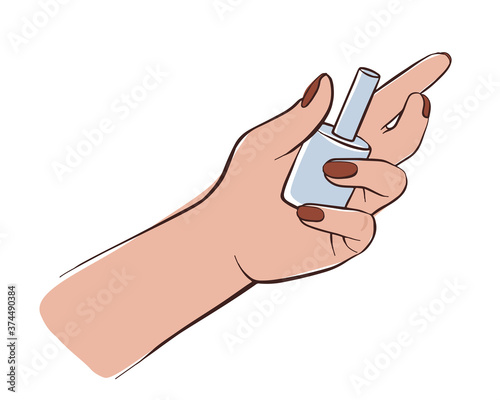 Nail polish in hand. Manicure illustration. Vector Tender female hands isolated on white background.