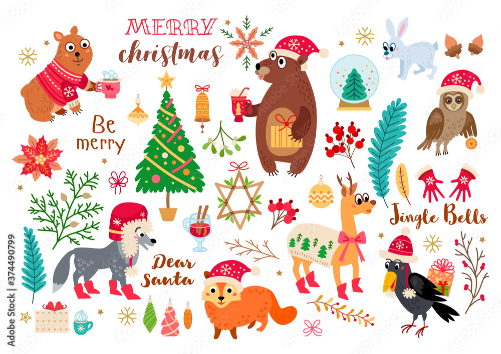 Naklejka premium Christmas forest animals set in cartoon style with calligraphy and other elements. Vector illustration. New Year decoration elements collection isolated on white background. Winter holidays