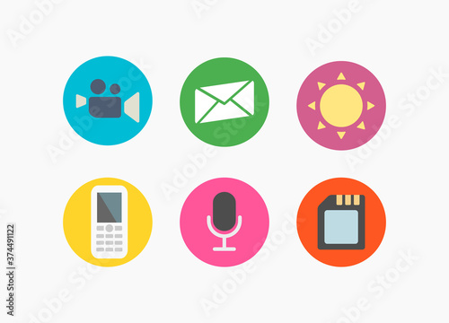 Set of flat vector icons of sun, phone, microphone, message, camera and flash drive on a light background.