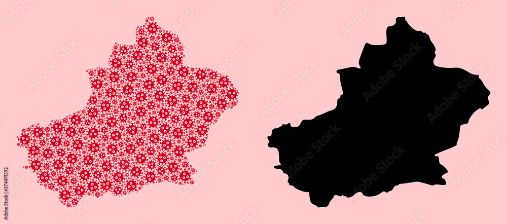 Vector Collage Map of Xinjiang Uyghur Region of Virus Parts and Solid Map