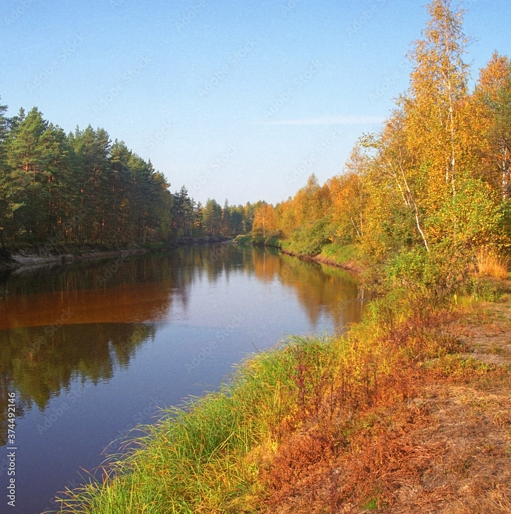Meshchera, national Park Meshchersky. Golden autumn on the Pra river. Ryazan region.