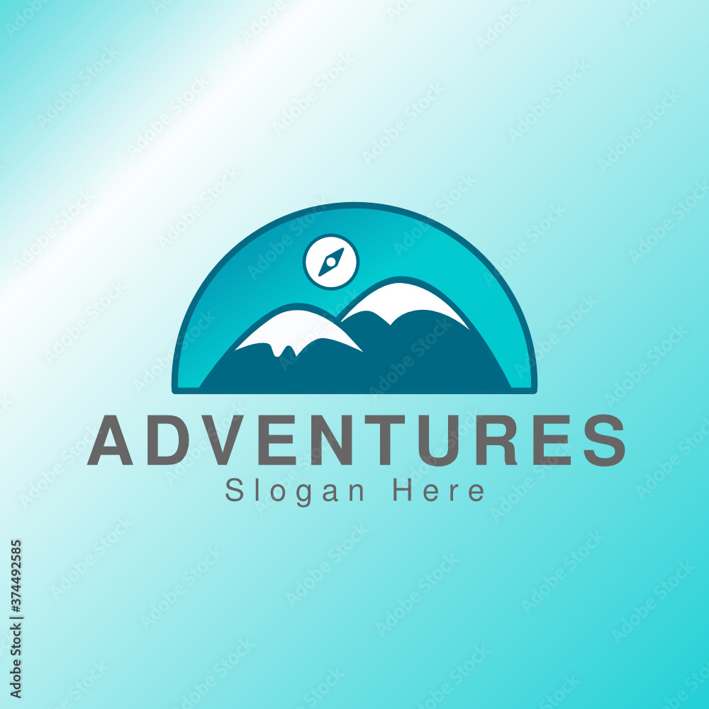 Obraz premium Adventure Logo Template. Using a green base color with a combination of mountain shapes and compass symbols. Suitable for company logos engaged in adventure