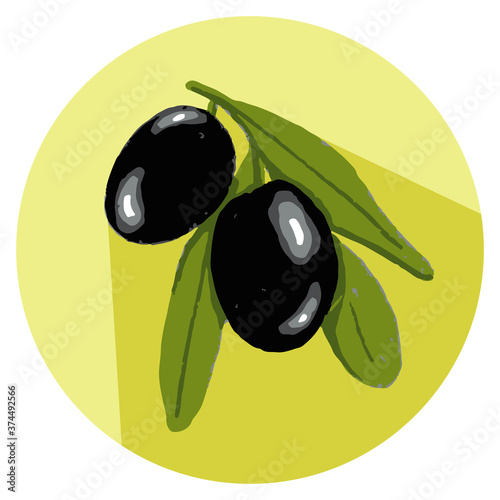 Icon Olive tree branch with green leaves and black olives
