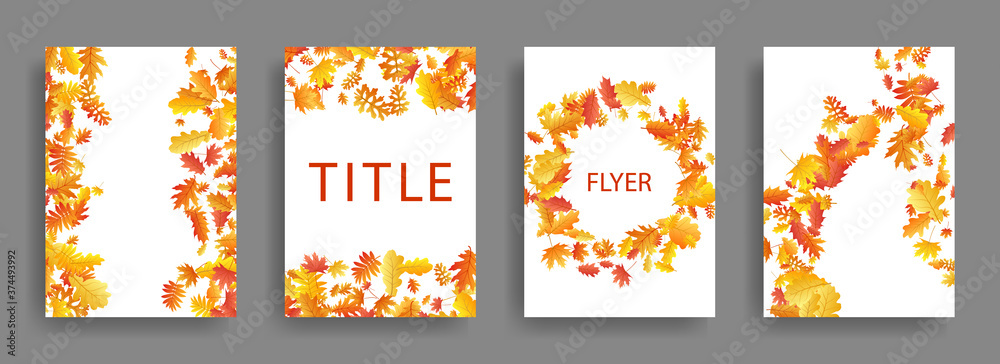 Dry autumn leaves flying card backgrounds or covers vector set. - obrazy, fototapety, plakaty 