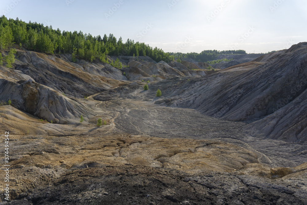 Abandoned clay quarry. Gray mountains, dumps. Forest in the distance.