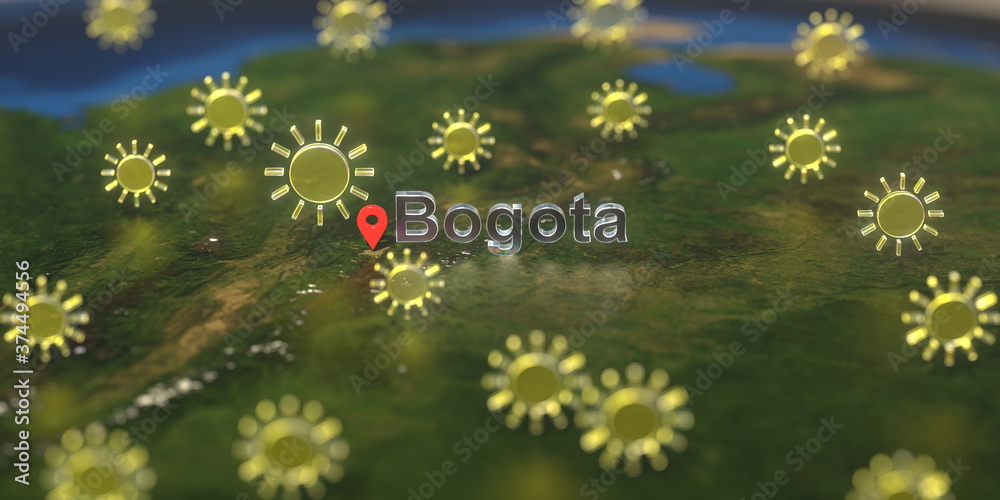 Sunny weather icons near Bogota city on the map, weather forecast related 3D rendering