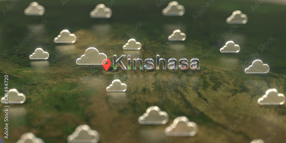 Cloudy weather icons near Kinshasa city on the map, weather forecast related 3D rendering Cloudy weather icons near Kinshasa city on the map, weather forecast related 3D rendering