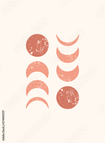 Abstract contemporary aesthetic cards set with moon phases. Mid century minimalist art print. Boho modern wall decor. Organic terracotta shapes. Mystery vector background