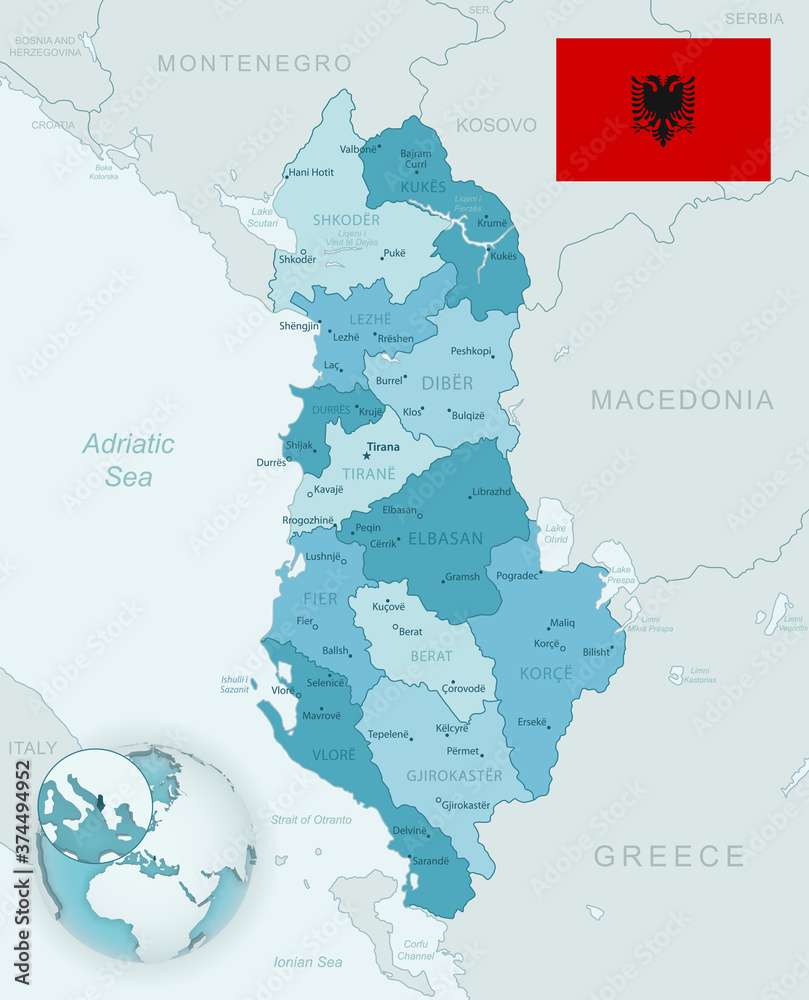 Blue-green detailed map of Albania administrative divisions with ...