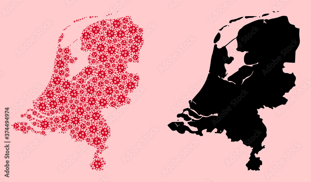 Vector Mosaic Map of Netherlands of Covid-2019 Virus Items and Solid Map