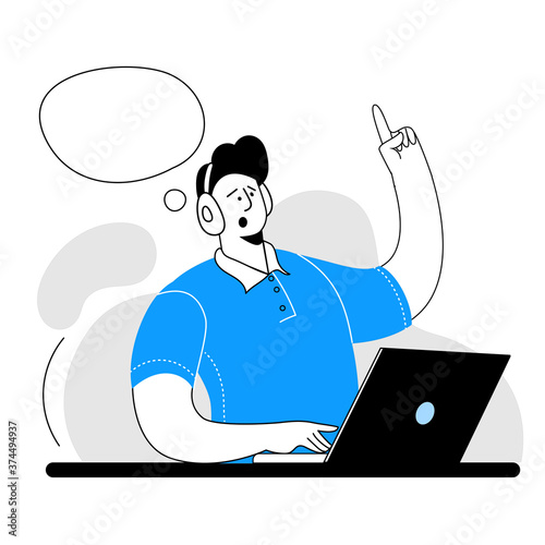 A man in headphones sitting at the computer and talking on the phone. Vector illustration on the theme of call center.