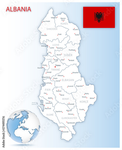 Valokuvatapetti Detailed Albania administrative map with country flag and location on a blue globe