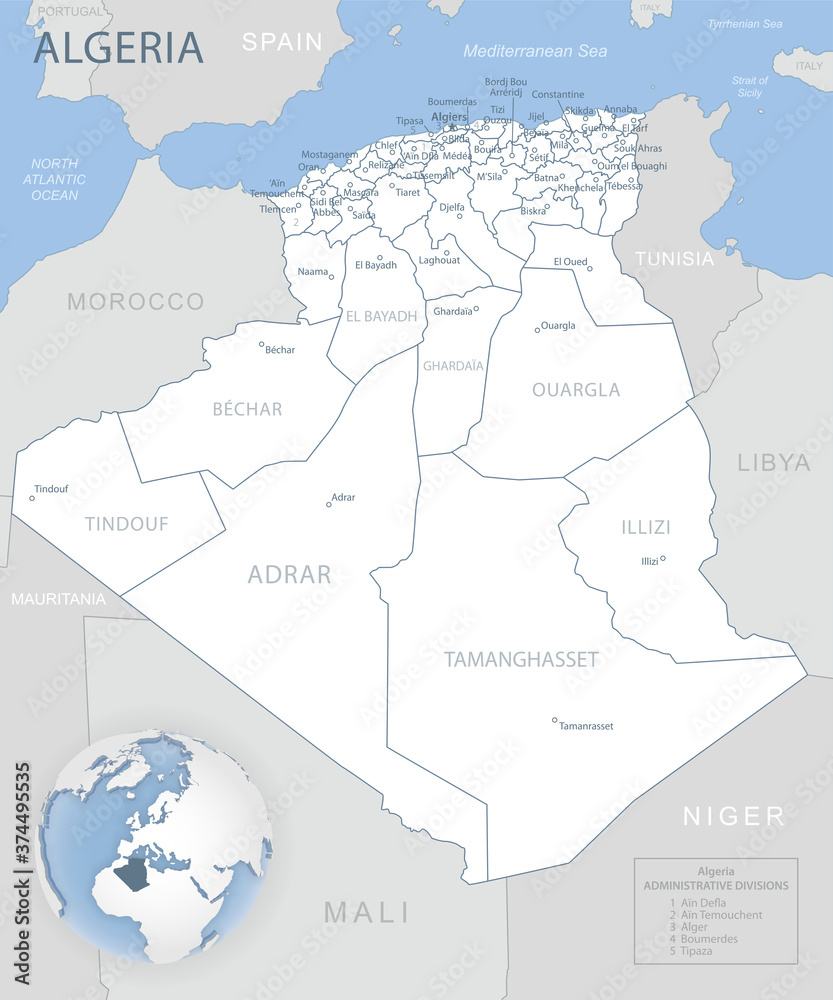 Blue-gray detailed map of Algeria administrative divisions and location on the globe.