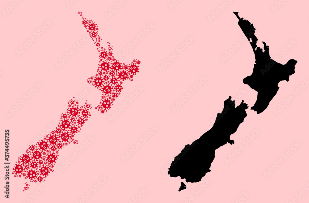 Vector Mosaic Map of New Zealand of Covid Particles and Solid Map Vector Mosaic Map of New Zealand of Covid Particles and Solid Map