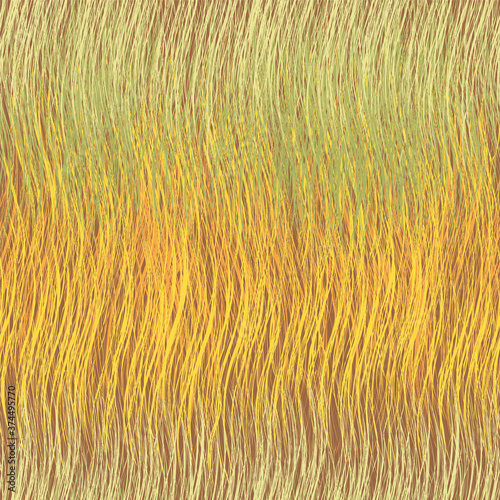  Seamless pattern with  rough horizontal grunge wavy stripes in yellow, green, orange colors on brown background