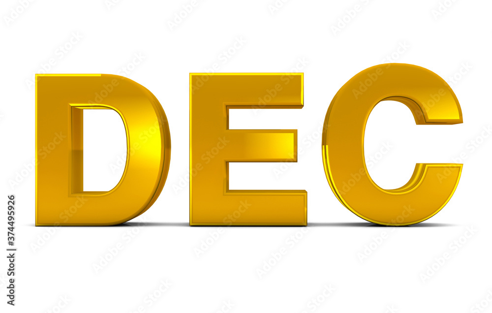 Dec Gold 3D Text - December Month Abbreviation isolated on white background. 3D render. Dec Gold 3D Text - December Month Abbreviation isolated on white background. 3D render.