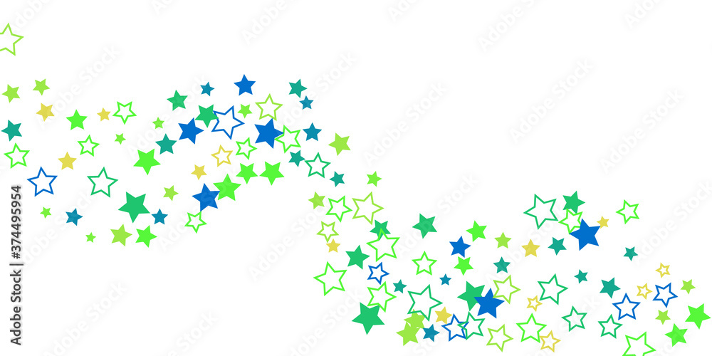 Shooting stars confetti. Blue, green, yellow, shades of blue, green stars. Festive background. Abstract texture on a white background. Design element. Vector illustration, eps 10.