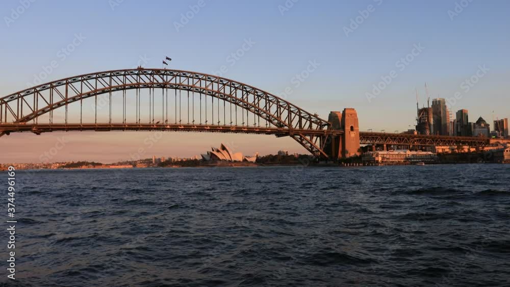 Panning panorama of Sydney CBD across harbour waters in warm light as 4k.
Panning panorama of Sydney CBD across harbour waters in warm light as 4k.