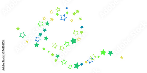 Shooting stars confetti. Blue, green, yellow, shades of blue, green stars. Festive background. Abstract texture on a white background. Design element. Vector illustration, eps 10.